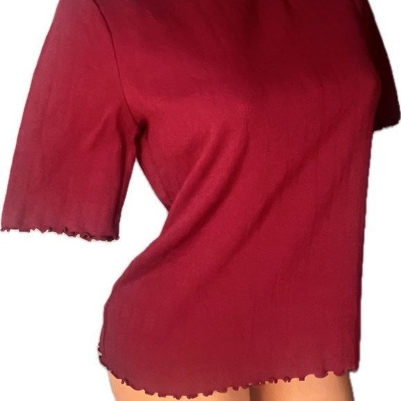 GAP NWT Pointelle Mockneck L Garnet Burgundy Top Lettuce Edge - Picture 2 of 6